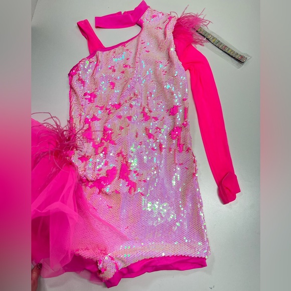 Weissman Costume Asymmetrical Side Bustle Biketard Pink Sequin NEW XL Adult - Picture 9 of 10